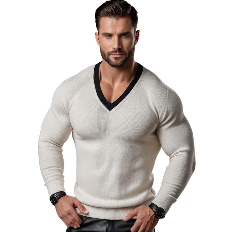 Men's Classic Comfortable Slim Fit Patchwork Color V-neck Long-sleeved Sweater 9262183579832