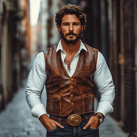 Men's Vintage Leather V-Neck Single Breasted Slim Fit Vest 9887360549048