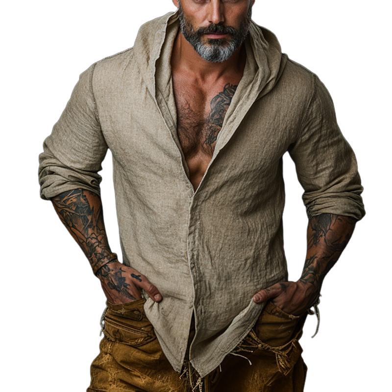 Men's Retro Casual Cotton and Linen Hooded Long Sleeve Shirt 9879659118776