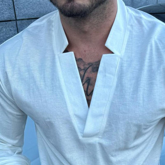 Men's Retro Casual Solid Color V-Neck Long Sleeve T-Shirt 9261140738232