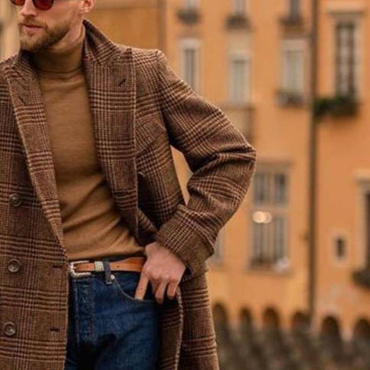 Men's Classic Casual Multi-Pocket Knee-Length Houndstooth Double-Breasted Coat 9261107871928