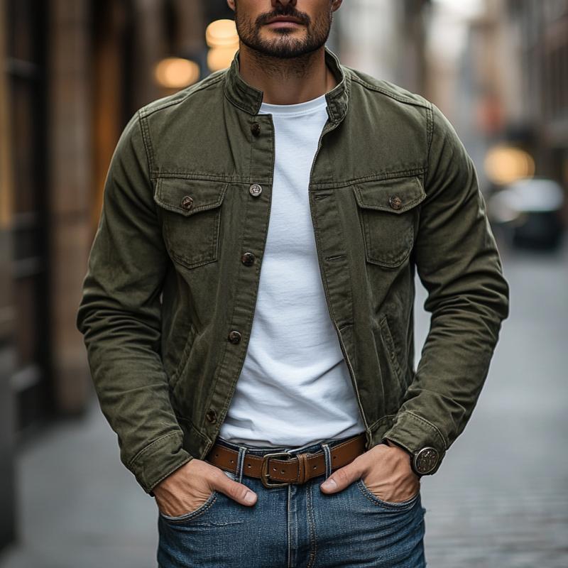 Men's Vintage Washed Denim Stand Collar Single Breasted Slim Fit Jacket 9887361007800