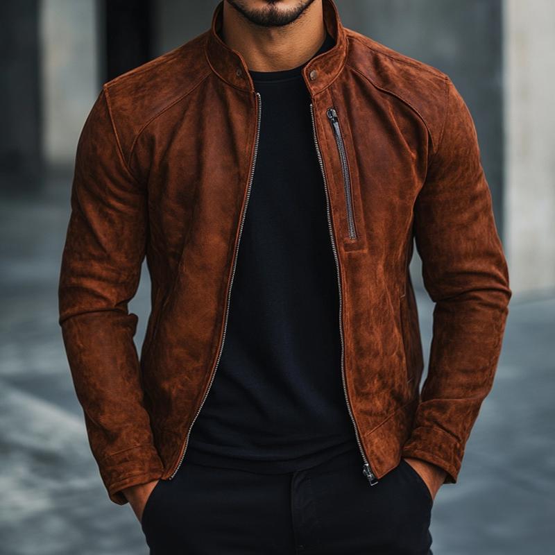Men's Solid Color Suede Stand Collar Zipper Jacket 9882787709112