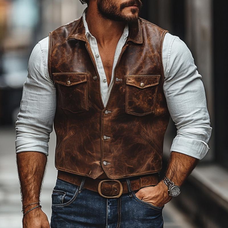 Men's Vintage Leather Lapel Single Breasted Slim Fit Vest 9887360483512