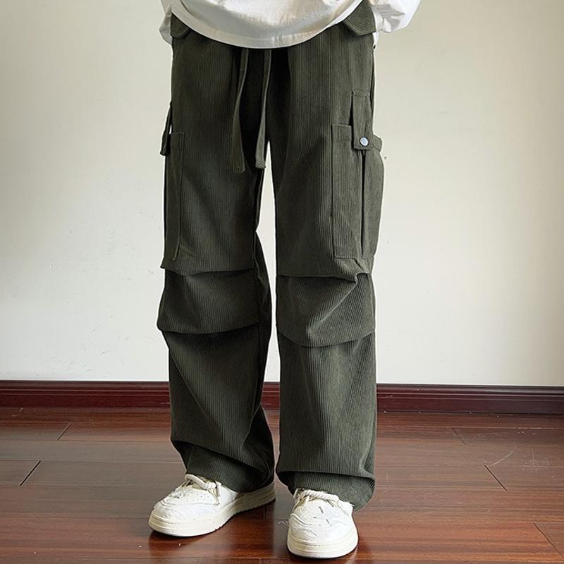 Men's Solid Corduroy Multi-pocket Elastic Waist Loose Cargo Pants 9261764575416