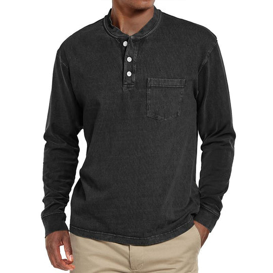 Men's Solid Henley Collar Chest Pocket Long Sleeve T-shirt 9261142278328