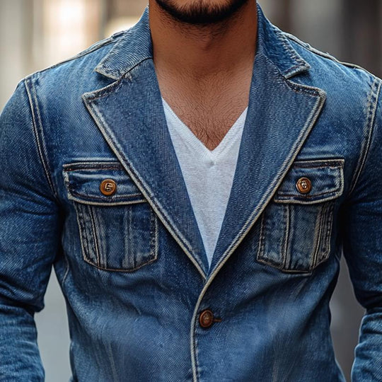 Men's Fashion Washed Notch Lapel Two Buttons Denim Jacket 9885838901432