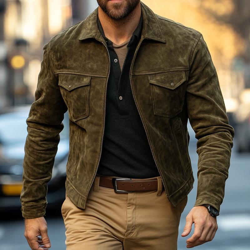 Men's Solid Color Suede Lapel Zipper Jacket 9882788692152
