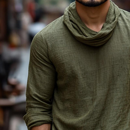 Men's Retro Casual Cotton and Linen Round Neck Long Sleeve Shirt 9886819778744