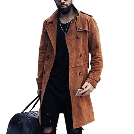 Men's Mid-length Lapel Suede Double-breasted Coat 9261106954424