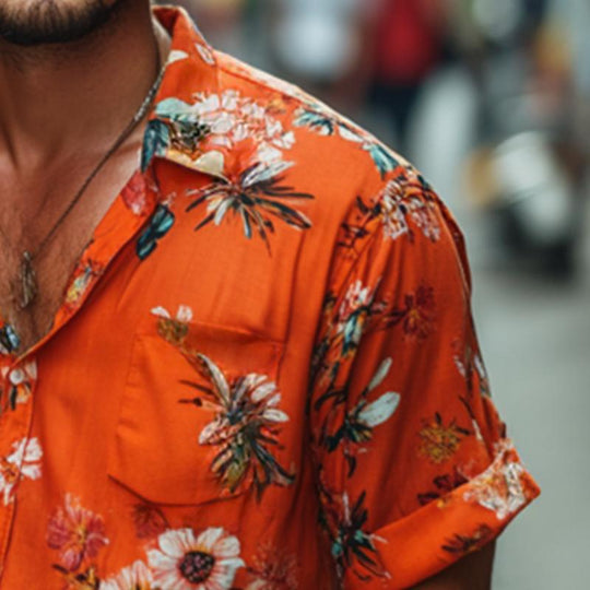 Men's Retro Casual Printed Pocket Lapel Short Sleeve Shirt 9884642246840