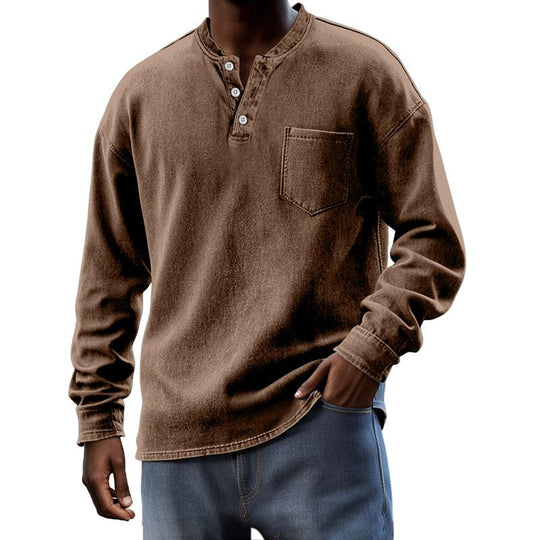 Men's Solid Henley Collar Chest Pocket Long Sleeve T-shirt 9261142442168