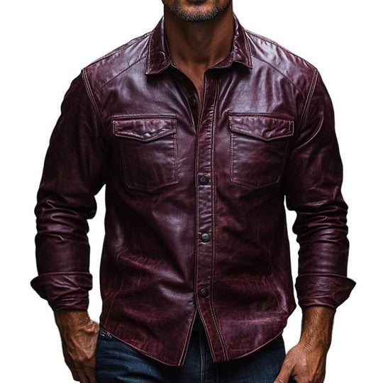 Men's Vintage Burgundy Lapel Long Sleeve Leather Shirt 9879658758328
