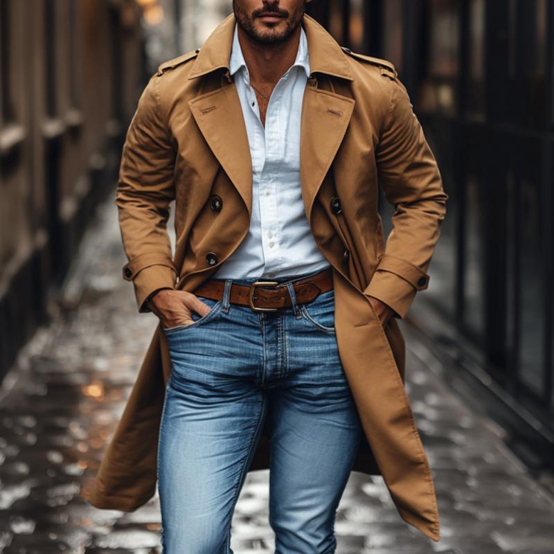 Men's Classic Cotton Lapel Double-breasted Mid-length Trench Coat 9879143579832