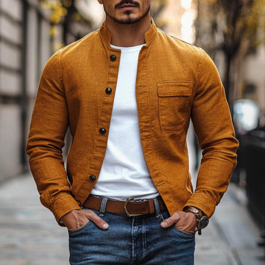 Men's Casual Cotton Linen Stand Collar Slim Fit Long Sleeve Shirt 9885320216760