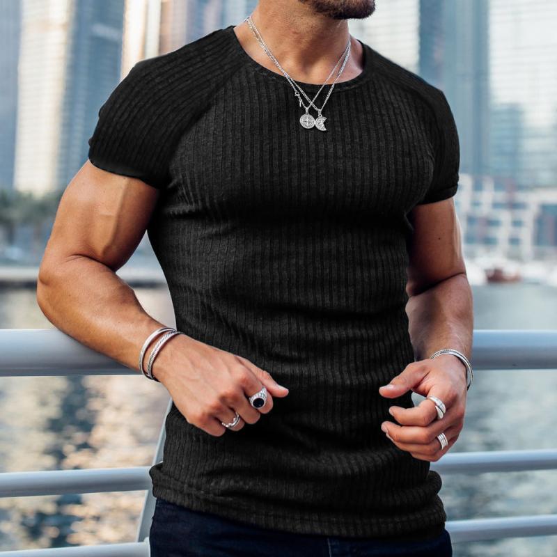 Men's Solid Striped Round Neck Short Sleeve Casual Sports T-shirt 9261139001528