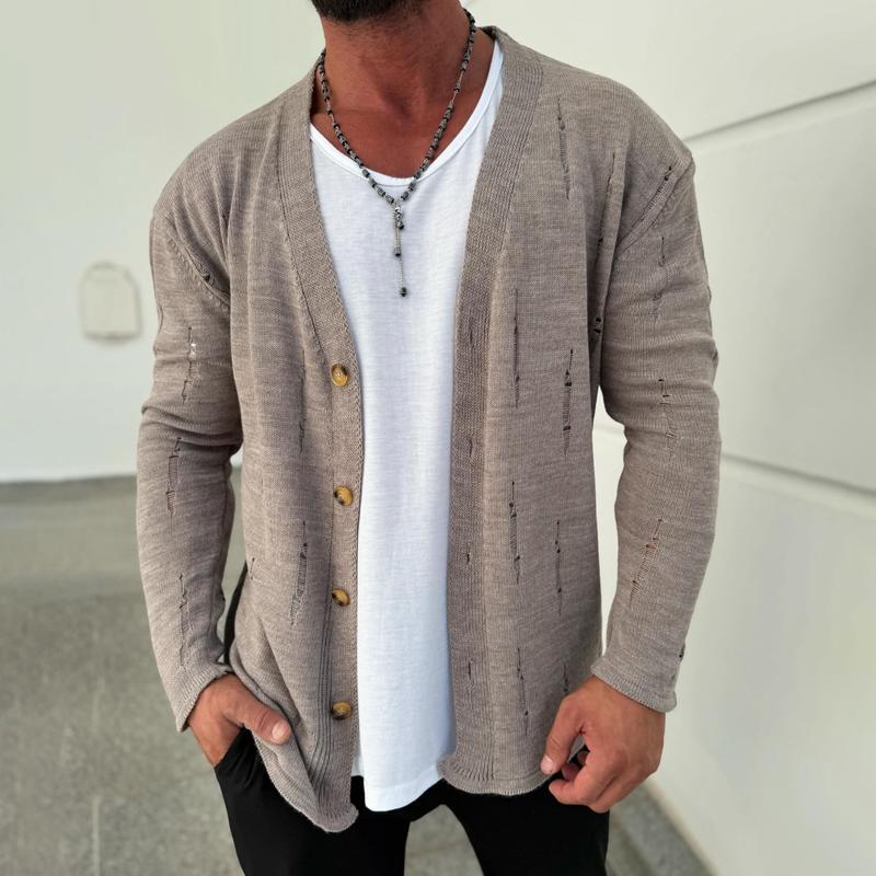Men's Fashion Solid Color Holes V Neck Single Breasted Knit Cardigan 9268188577976
