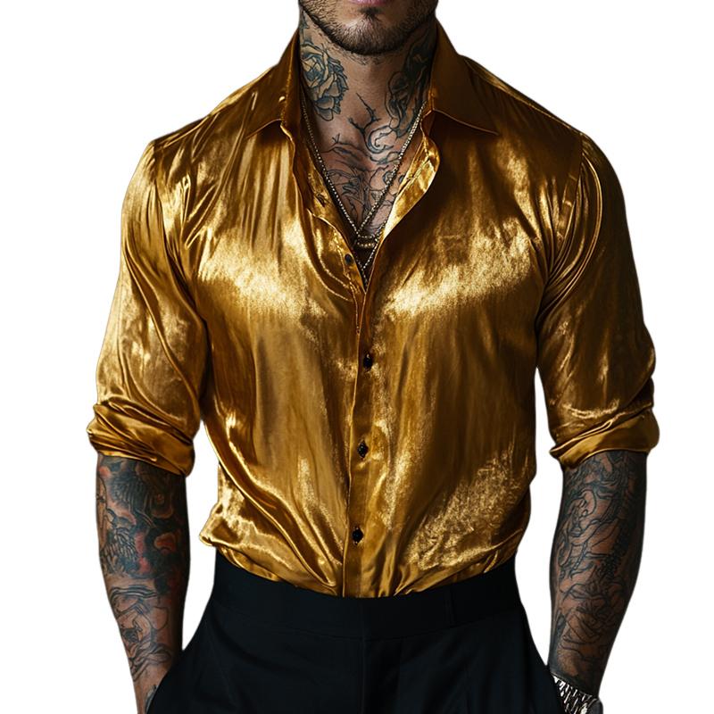 Men's Retro Casual Gold Velvet Lapel Long Sleeve Shirt 9885838770360