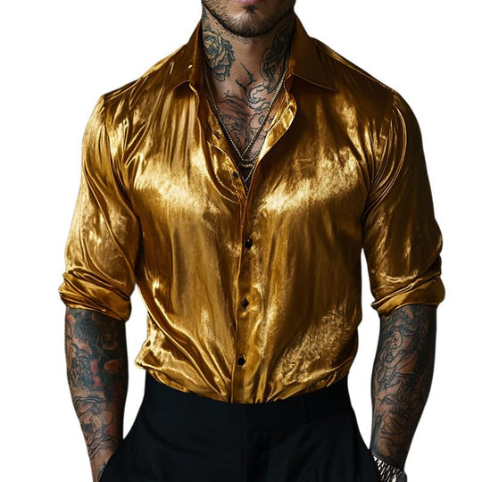 Men's Retro Casual Gold Velvet Lapel Long Sleeve Shirt 9885838770360