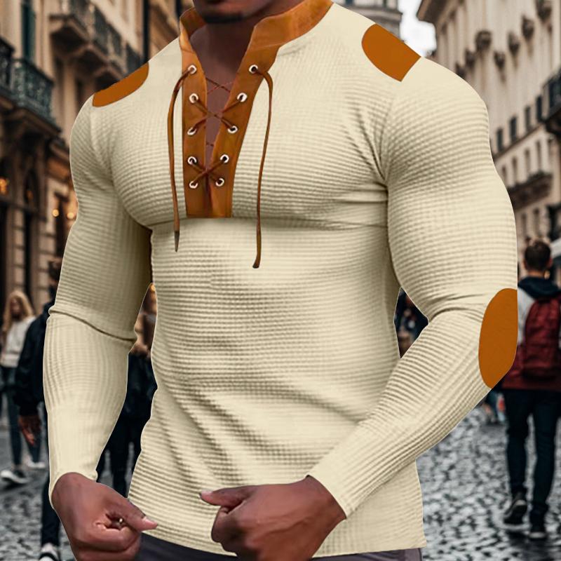 Men's Casual Colorblock Waffle Lace-up Stand Collar Slim Long Sleeve T-shirt 9261136675000
