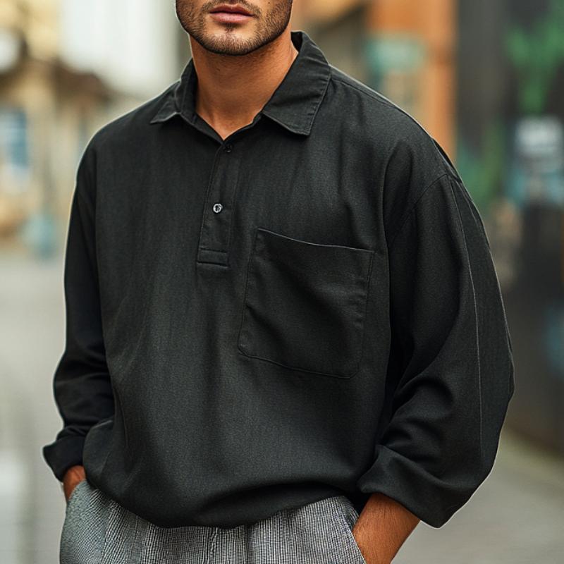 Men's Casual Loose Solid Color Long-sleeved POLO Shirt 9886818336952