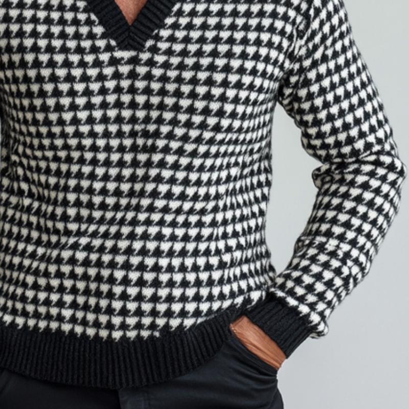 Men's Vintage Houndstooth Jacquard V Neck Sweater 9262184464568