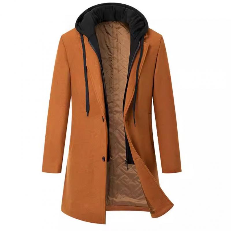 Men's Solid Color Padded Hooded Mid-Length Woolen Coat 9261104529592