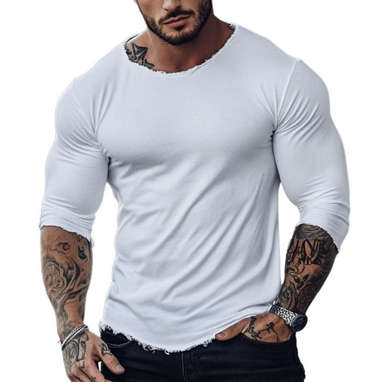 Men's Fashion Raw Edge Round Neck Slim Fit Long Sleeve T-Shirt 9884643590328