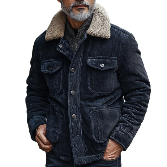 Men's Fleece Lapel Corduroy Multi-pocket Single Breasted Cargo Jacket 9879659774136
