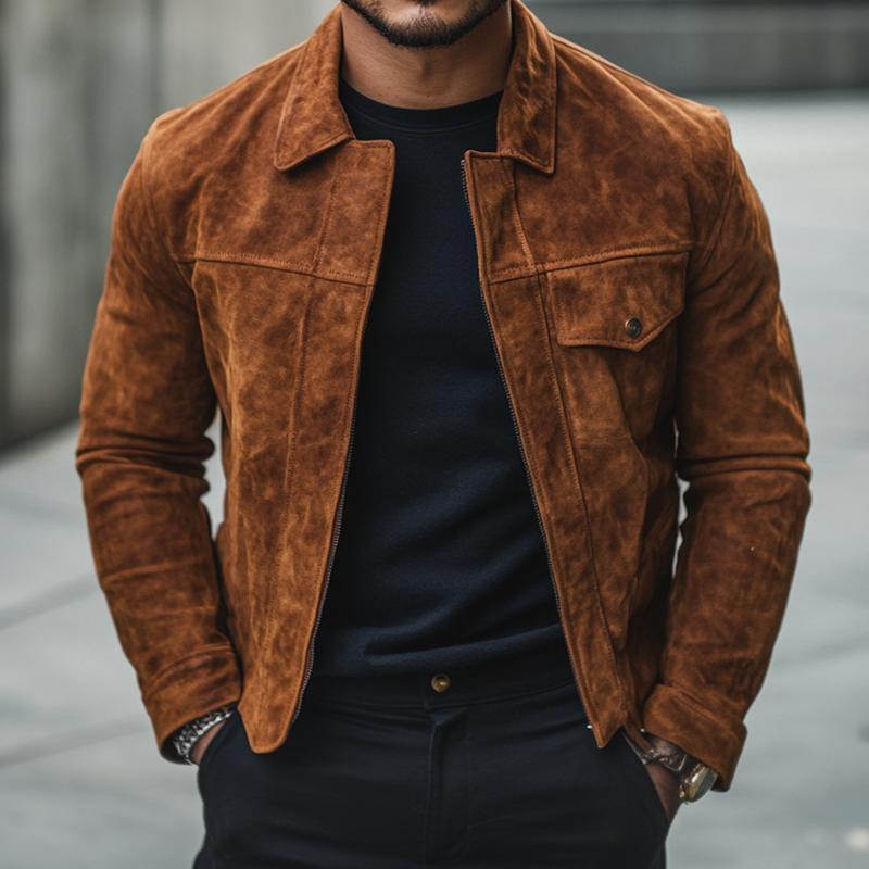 Men's Solid Color Suede Lapel Zipper Jacket 9882788036792