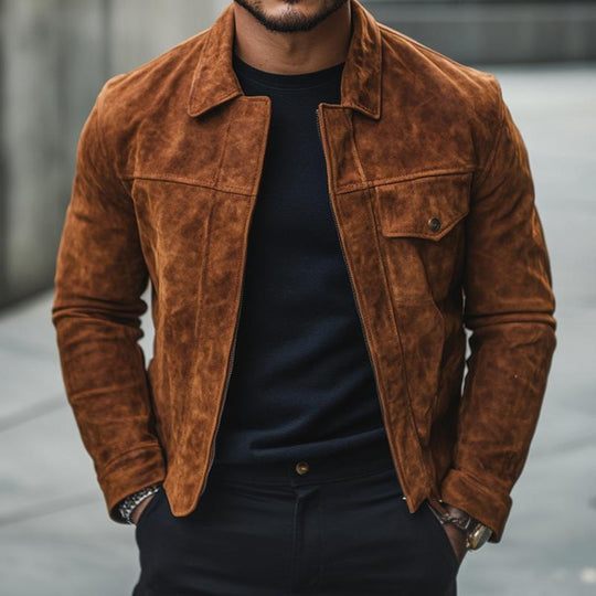 Men's Solid Color Suede Lapel Zipper Jacket 9882788036792