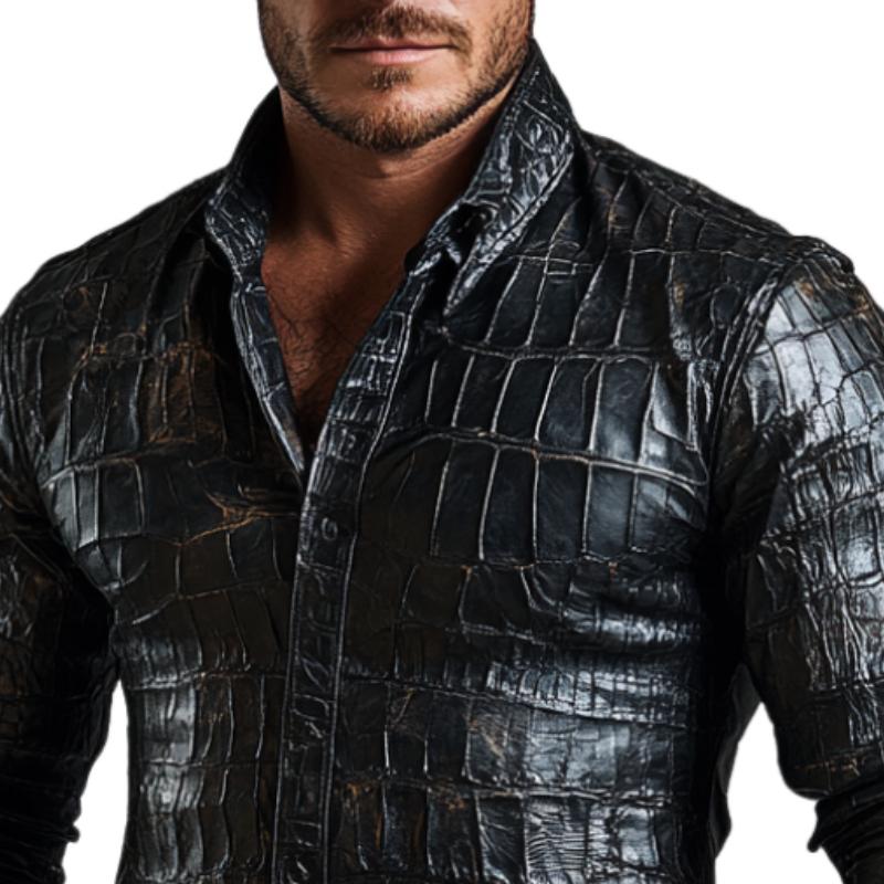 Men's Casual Black Lapel Textured Leather Shirt 9886816370872