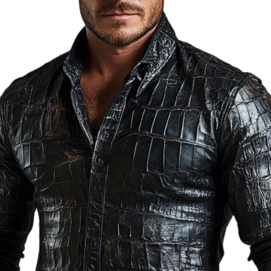 Men's Casual Black Lapel Textured Leather Shirt 9886816370872