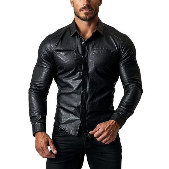 Mens Fashion Single Breasted Slim Fit Long Sleeve Leather Shirt 9880240292024