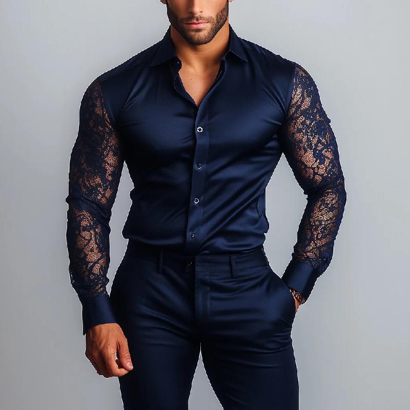 Men's Fashion Satin Lace Slim Fit Long Sleeve Shirt 9886816796856