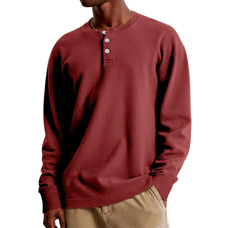 Men's Casual Waffle Henley Collar Loose Long Sleeve T-Shirt 9261135069368