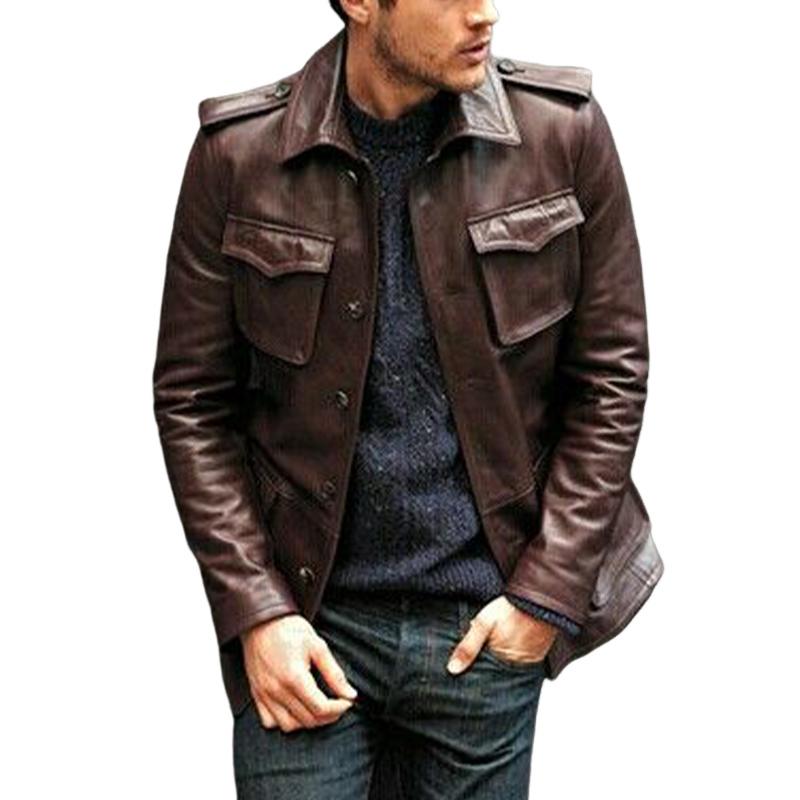 Men's Retro Dark Red Lapel Button Leather Jacket 9261092470968