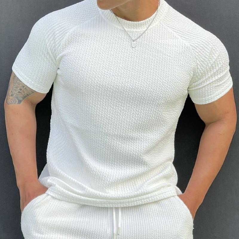 Men's Solid Striped Round Neck Short Sleeve Sports Casual T-shirt 9261135429816