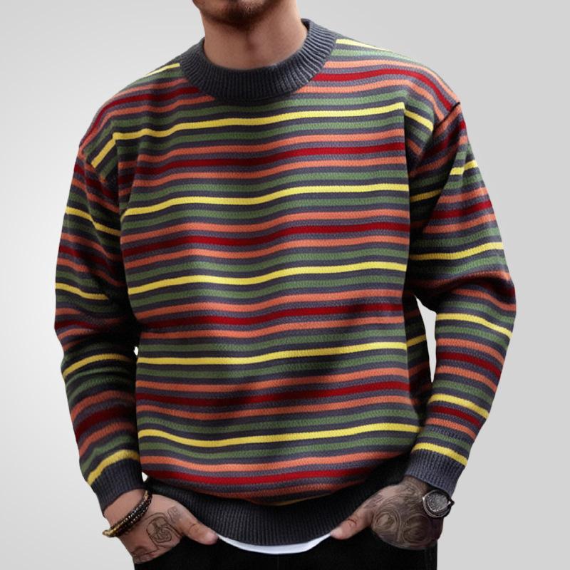 Men's Casual Crew Neck Rainbow Striped Knitted Pullover Sweater 9262185513144