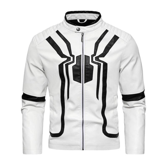 Men's Stylish Spider Embroidered Stand Collar Zipper Motorcycle Leather Jacket 9261090341048