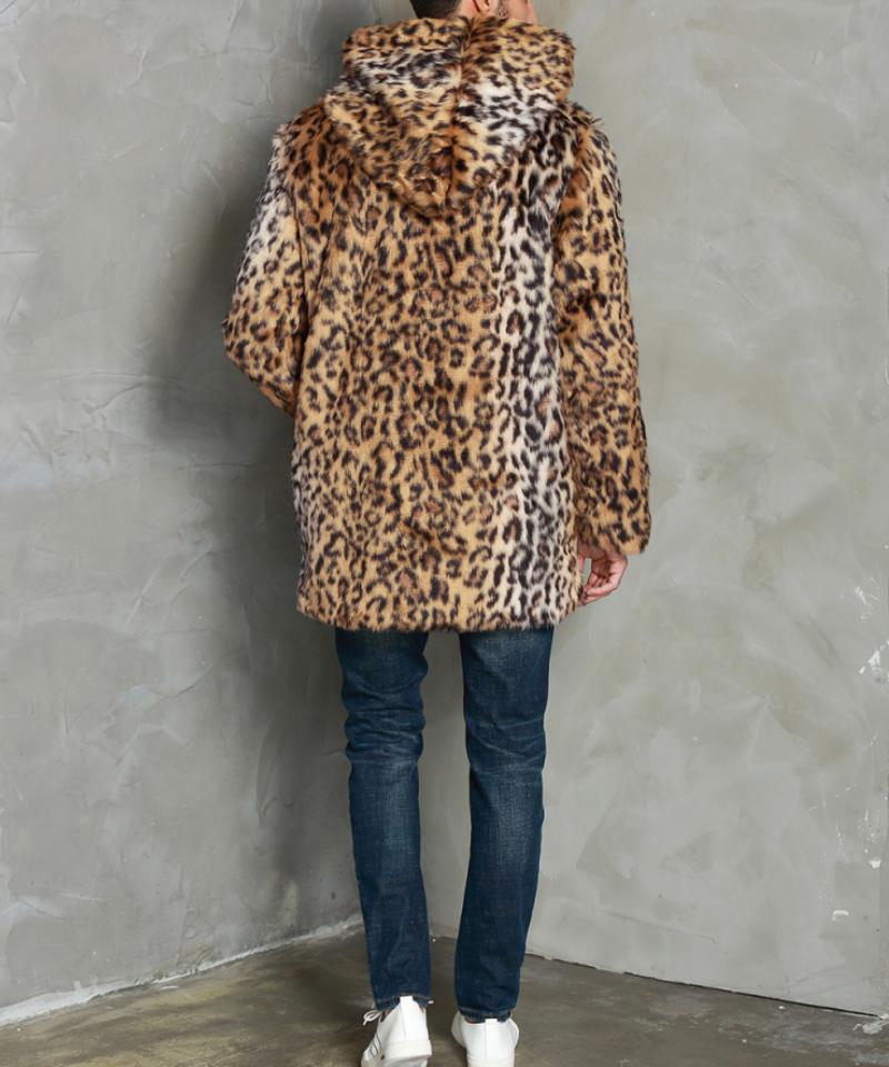 Men's Classic Casual Leopard Print Hooded Plush Faux Fur Coat 9261110231224