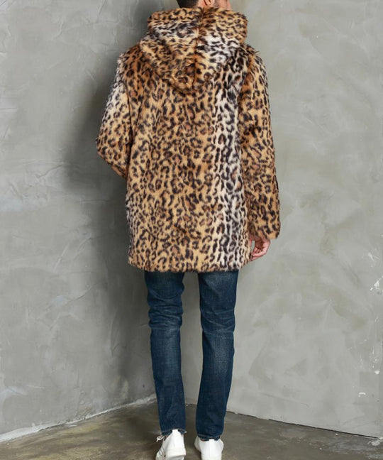 Men's Classic Casual Leopard Print Hooded Plush Faux Fur Coat 9261110231224