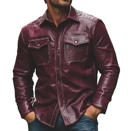 Men's Casual Burgundy Lapel Long Sleeve Leather Shirt 9879658791096