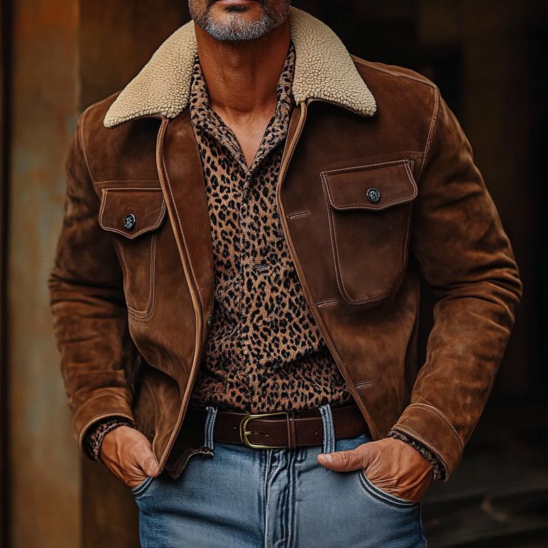 Men's Vintage Suede Fleece Lapel Chest Pocket Single Breasted Jacket 9879659839672