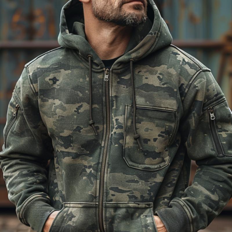 Men's Camouflage Print Chest Pocket Hooded Sweatshirt Jacket 9261080215736