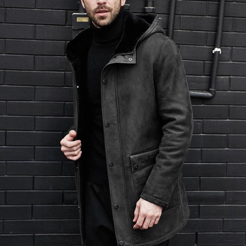 Men's Plush Suede Hooede Single Breasted Mid-length Coat 9261106167992