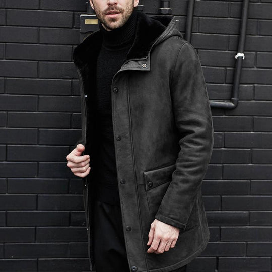 Men's Plush Suede Hooede Single Breasted Mid-length Coat 9261106167992