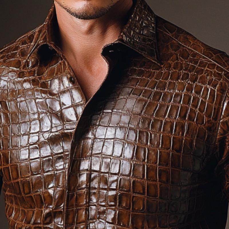 Men's Vintage Casual Lapel Textured Leather Shirt 9886816272568
