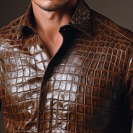 Men's Vintage Casual Lapel Textured Leather Shirt 9886816272568
