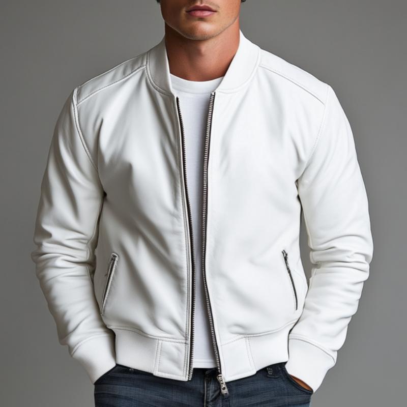 Men's All-match Solid Color Leather Baseball Jacket 9877925462200